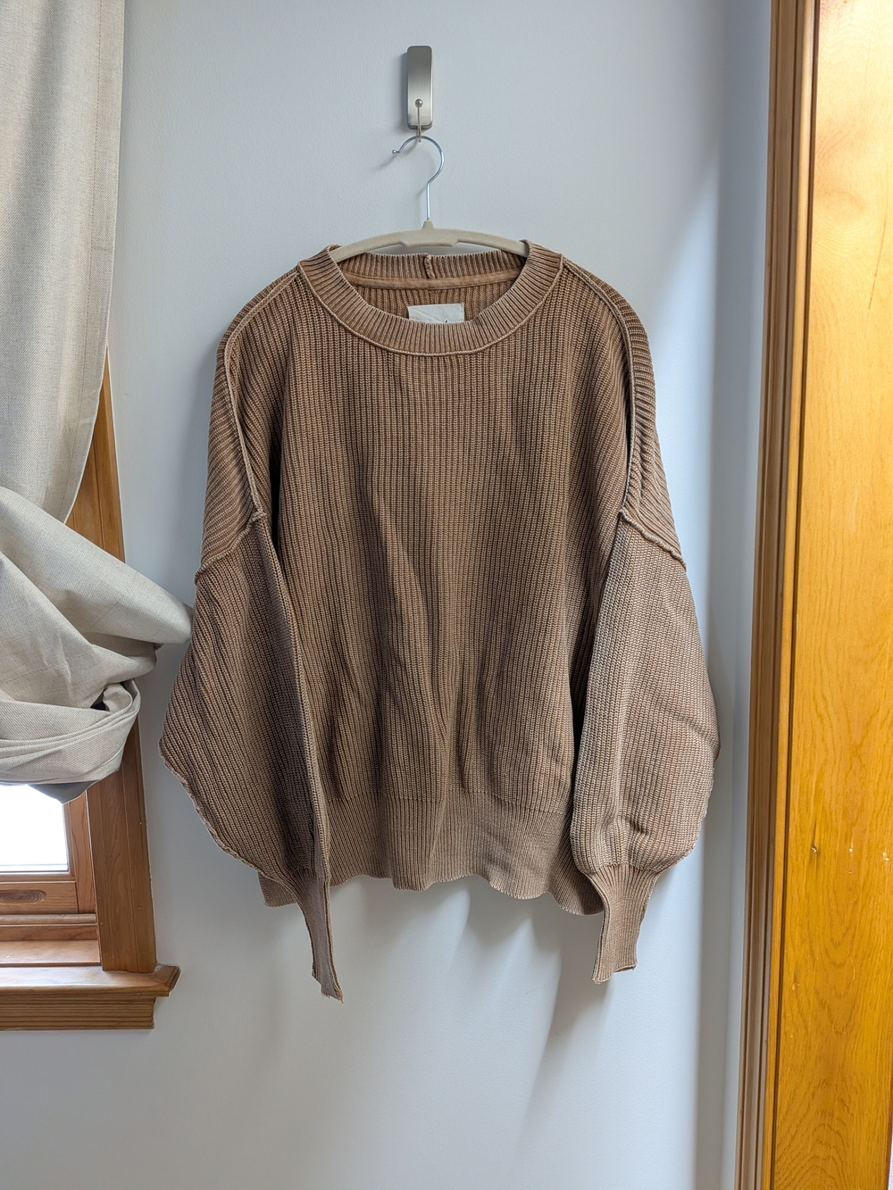 Aerie Beyond Sweater Relaxed Ribbed Scoop Neck Medium Cappuccino Taupe Brown Tan